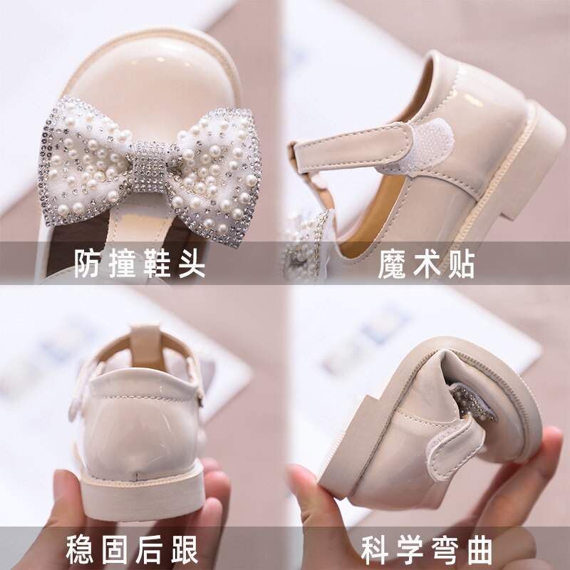 Girls' Small PU Leather Shoes Spring Autumn Baby Children's Pearl Rhinestone Soft Sole Little Girl Single Shoes Princess Shoes