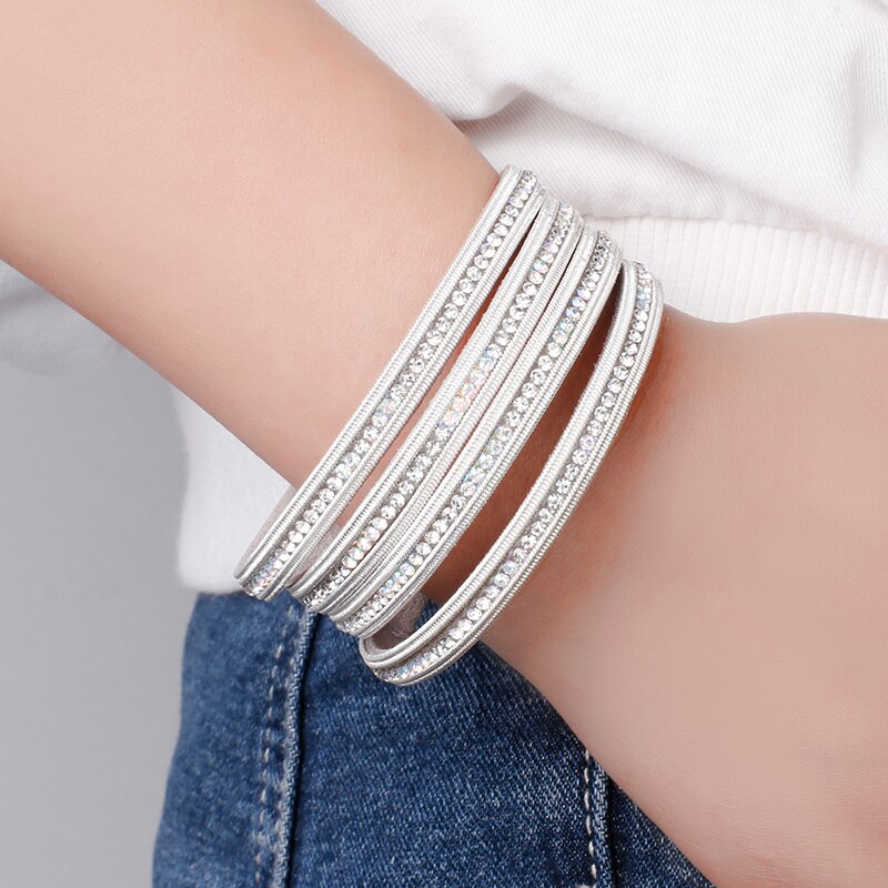 Amorcome Multilayers Rhinestone Leather Bracelet for Women Crystal Charm Wide Wrap Bracelets & Bangles Jewelry