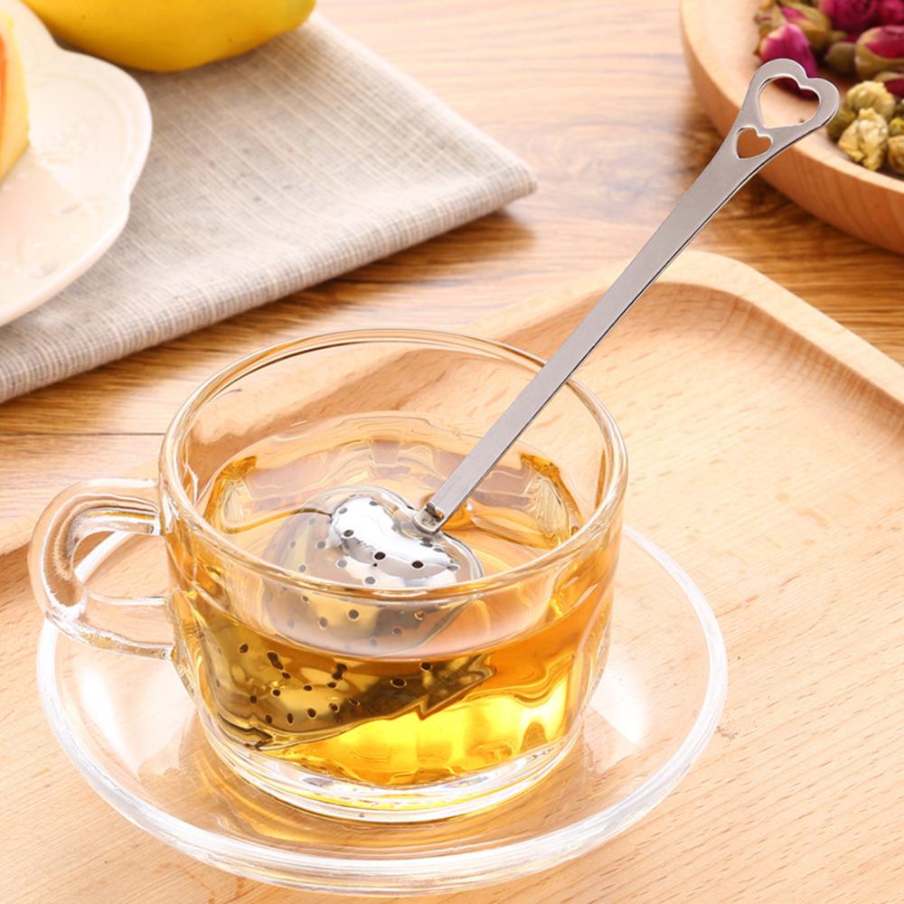 Utensilios de cocina para infusiones en forma de corazón, cuchara de acero inoxidable, colador, mango, filtro de té