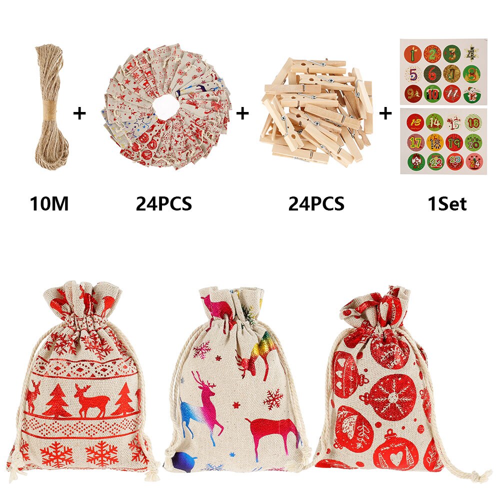 Drawstring Christmas Calendar Bag Set 24 Days Burlap Advent Calendar Drawstring Bag DIY Christmas Embellishments With Clips