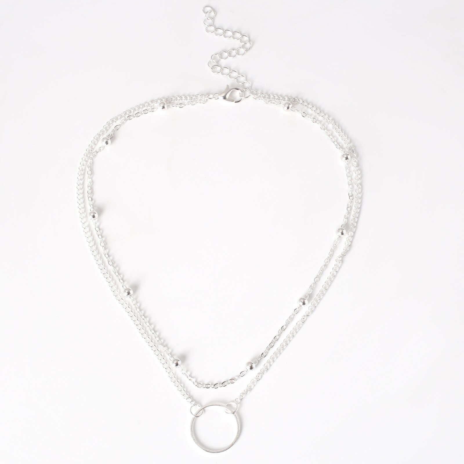 Double-Layer Bead Ketting Holle Cirkel Hanger Ketting Voor Vrouwen Eenvoudige Geometrische Vrouwelijke Trendy Chokers Kettingen: Silver