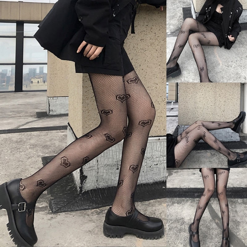 Gothic Style Women Sexy Hollow Out Fishnet Black Pantyhose Heart Jacquard See-Through Slim Tights Stockings Clubwear