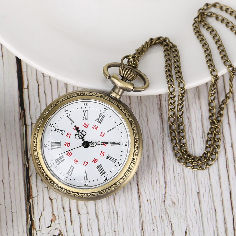 No Cover Quartz Pocket Watches Roman Numerals Bronze Floral Rattan Back Case Necklace Retro Chain Watch for Men Women