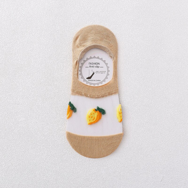 Crystal Silk Woman Socks Silicone Non-slip Invisible No Show Socks Fruit Print Summer Thin Breathable Low Cut Ankle Boat Socks: Khaki