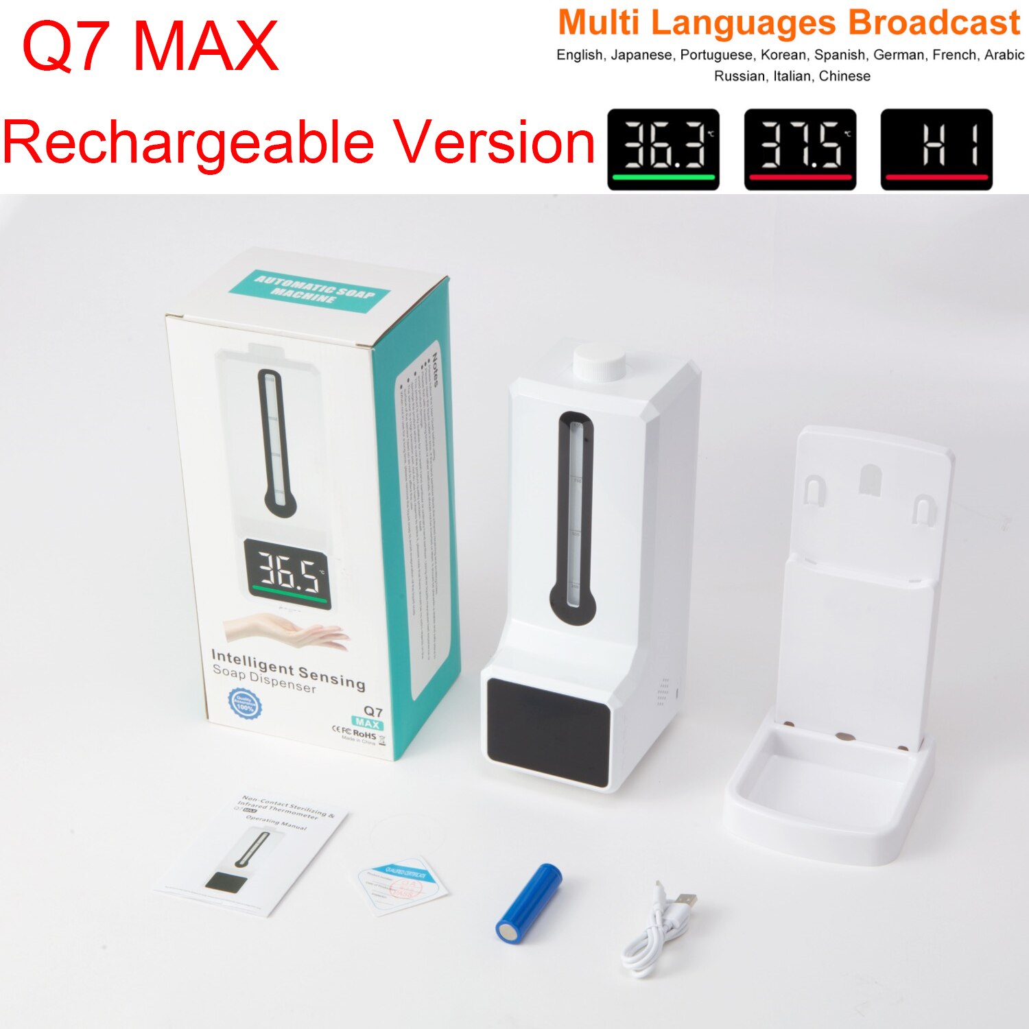 Q7MAX Automatic Liquid Soap Dispenser Smart Sensor Digital Non-Contact Infrared Thermometer Hands Washing Free Sanitizer Machine: Q7 MAX rechargeable