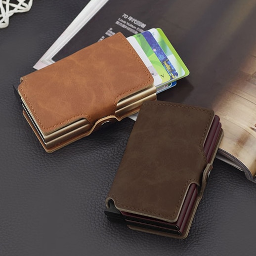 Casekey tyverisikring mænd tegnebog dobbelt læder kreditkort holder rfid metal automatisk pop op pung id kortholder –