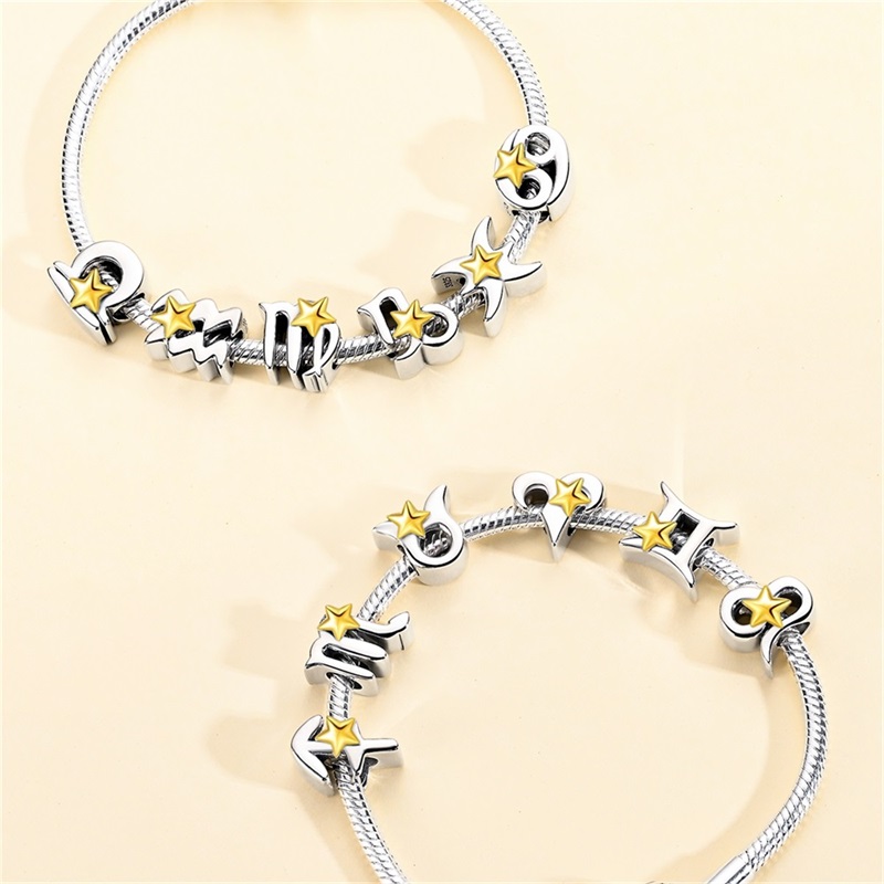 925 Sterling Silber 12 Sternbilder Reize golden Stern Tierkreis Perlen passen Qikaola Original Armbänder DIY Geburtstag Schmuck