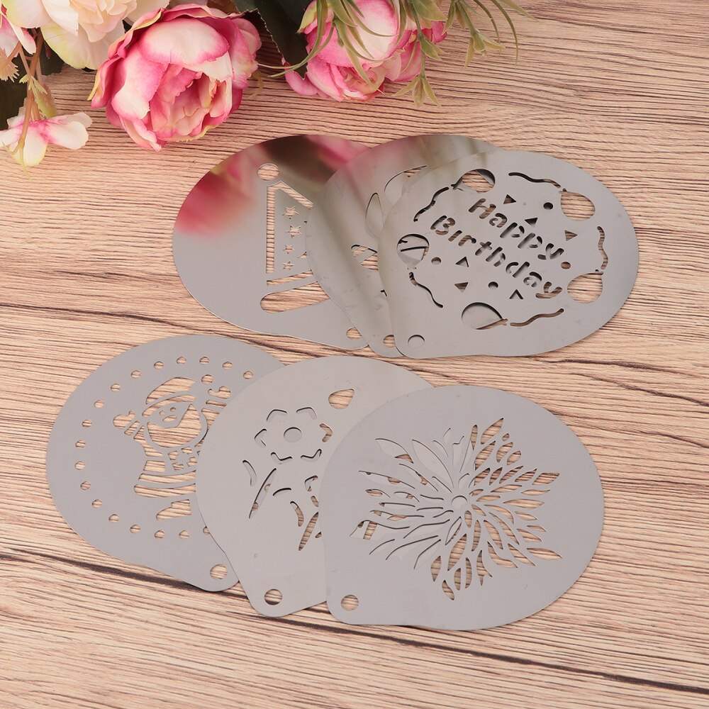 1 Set of 6pcs Coffee Stencils Stainless Steel DIY Cappuccino Latte Milk Foam Art Template Printing Model (Assorted Style 1): Silver Set 5