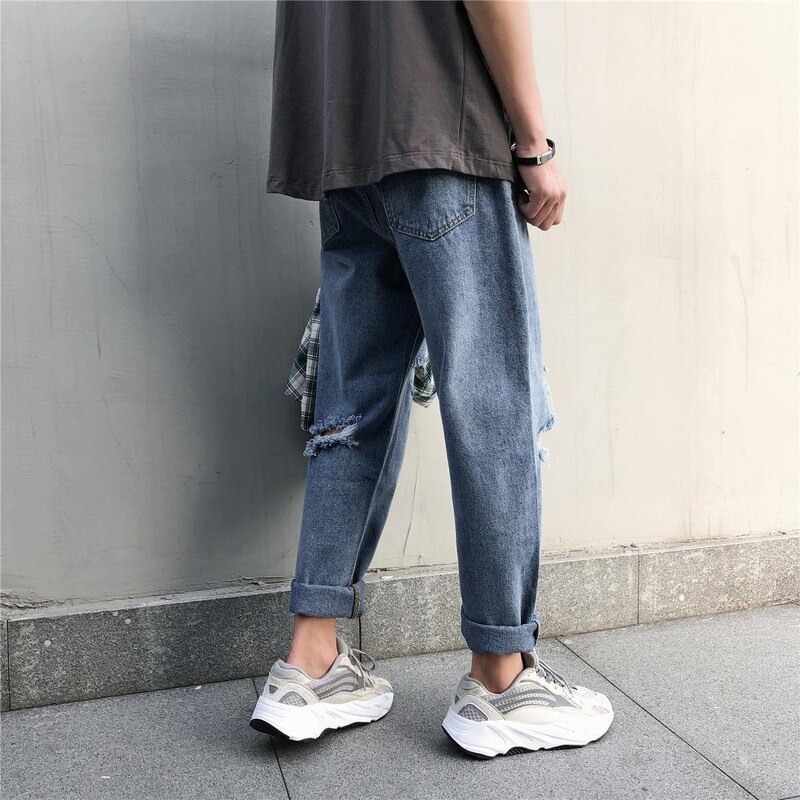 Jeans heren effen gaten oversize 5xl losse harajuku stijlvol in koreaanse stijl chic enkellange rechte herenbroek streetwear