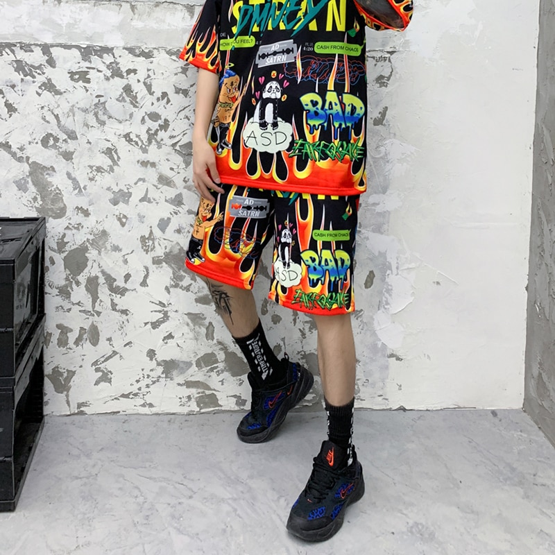 Aolamegs Shorts hommes dessin animé flamme Graffiti imprimer plage genou longueur Shorts Hip Hop Bermuda Style taille élastique haute rue été