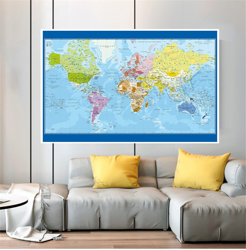 150*100cm The World Political Map In French Modern Wall Art Poster Non-woven Canvas Print Home Decor Children School Supplies