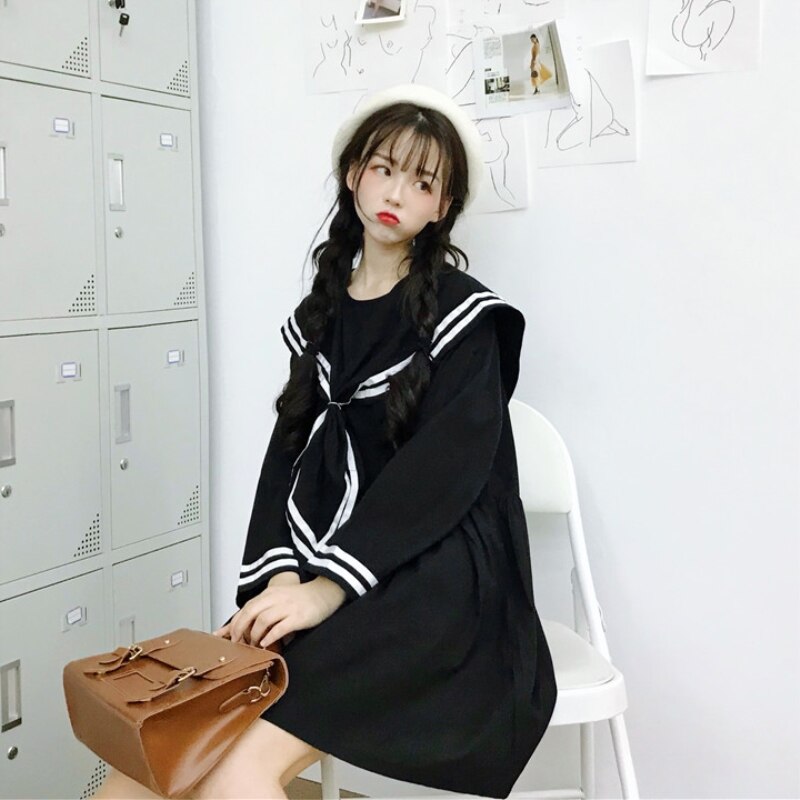 Falda de marinero de estilo universitario japonés, vestido de muñeca holgado de manga larga con cuello de marinero y solapa grande, uniforme escolar para mujer: Negro