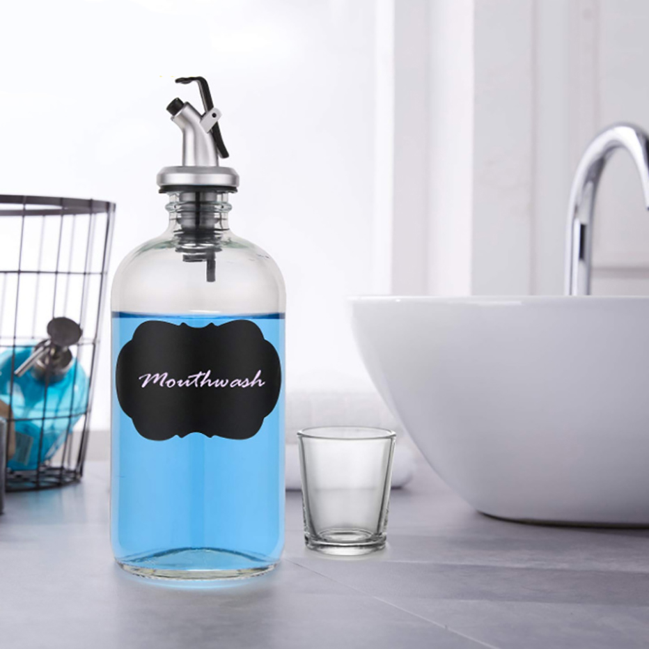 Winter Shore 350 ml Mondwater Dispenser Set [2 Pak] - Navulbare Mond Water Fles met Lekvrije Schenktuit, 2 Shotglaasjes, Trechter, 6 Sticker Labels - Huis, Badkamer, Keuken Accessoires