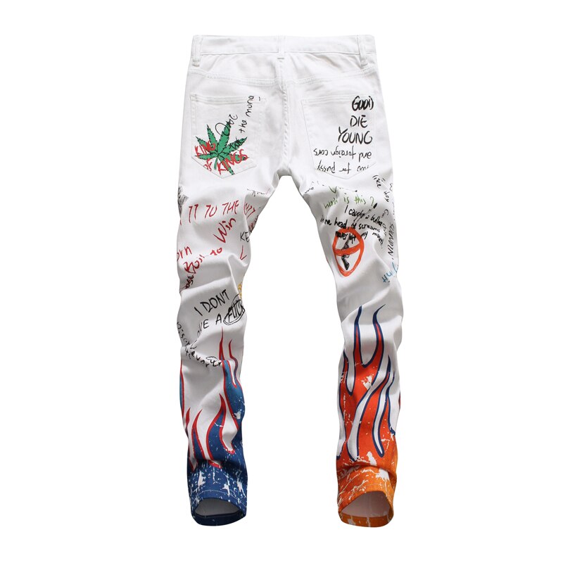 Streetwear heren jeans slim fit elastische persoonlijkheid bedrukte jeans heren nachtclub punk kokerbroek hiphop jeans