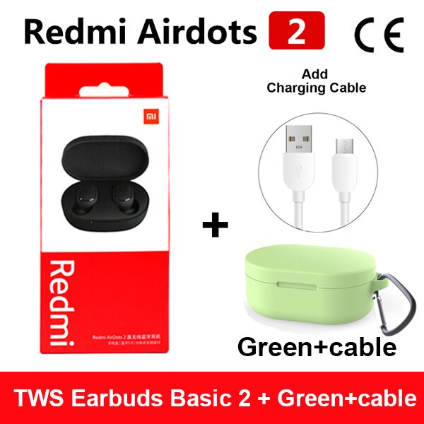 Original Xiaomi Redmi Airdots 2 TWS Earphone Wireless bluetooth 5.0 Earphone Stereo Noise Reduction Mic Voice Control Air2 SE: Redmi2Greencable