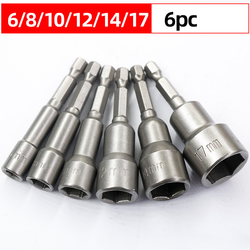 6mm-19mm støtskrutrekker magnetisk mutter skrutrekker 1/4 sekskantnøkler sett borebitsadapter for kraftbor slagdrivere socketsett: 6-17mm(6 stk)