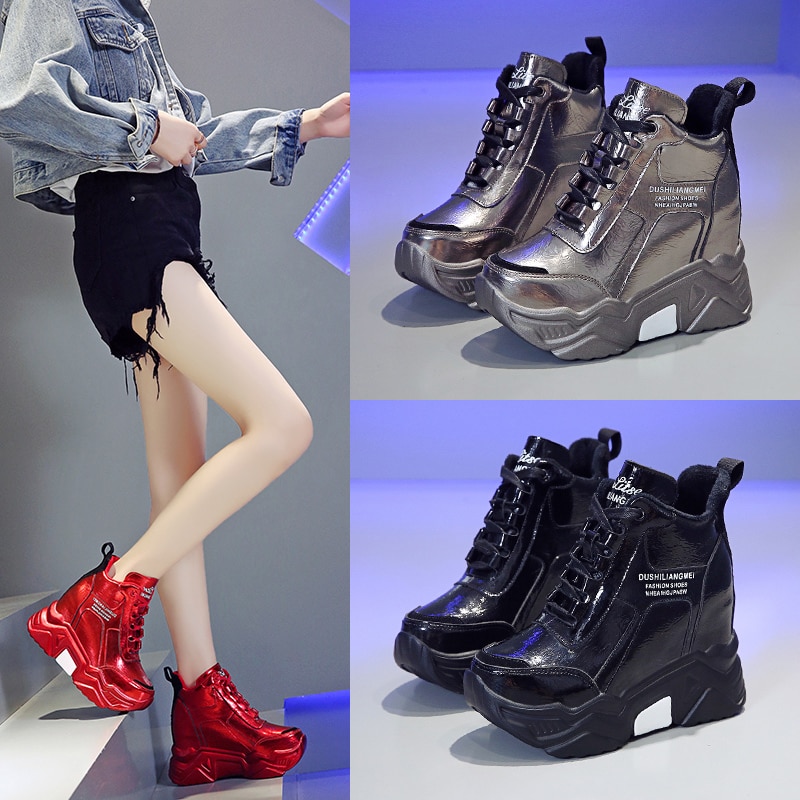 Woman Height Increasing Boots Mujer Ladies Metal Silver Chunky Platform Sneakers Women Winter Warm Super High Heels Casual Shoes
