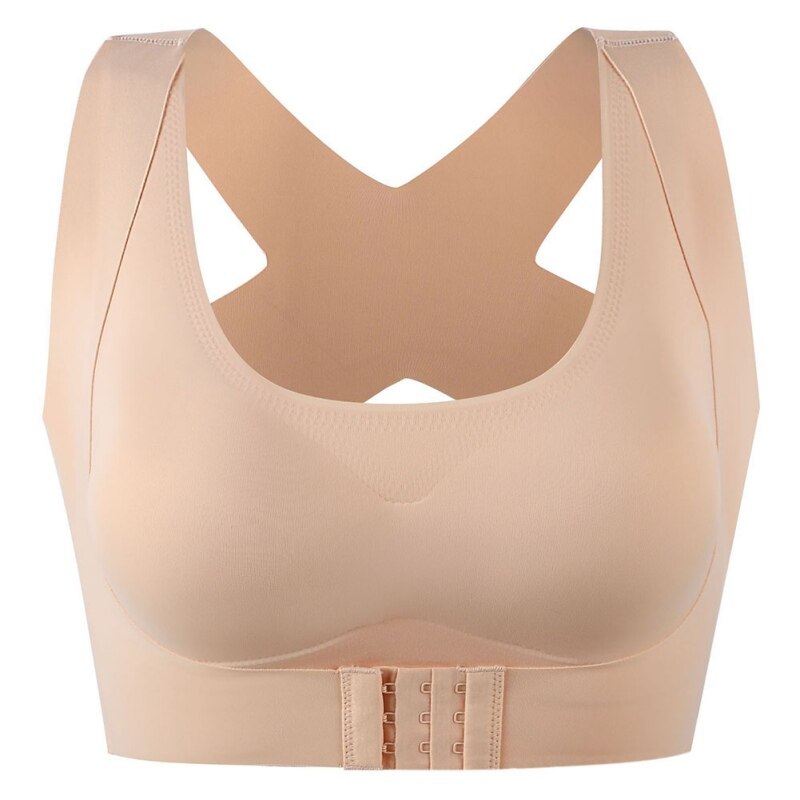 Women Humpback Corrected Seamless Latex Bra Underwear Solid Two-in-One Gathering Adjustable Front Buckle Bra: Beige / M