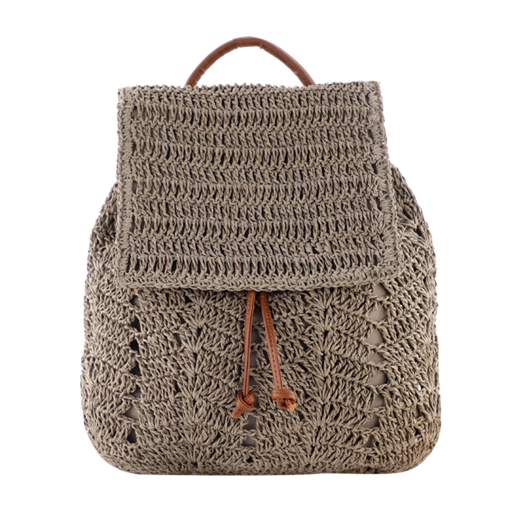 Women Straw Backpack Handmade Woven Casual Beach Shoulders Bucket Bag