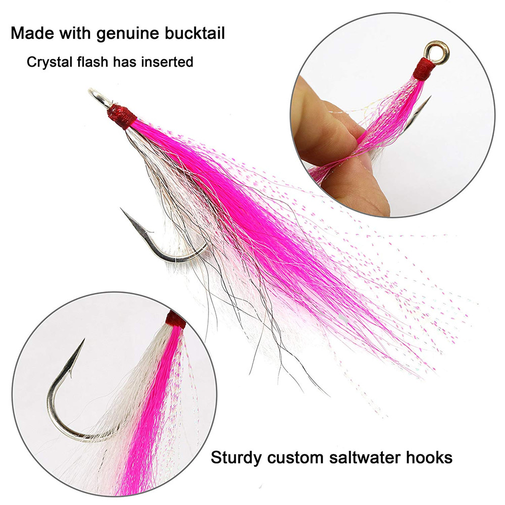 15pcs Jig Fishing hook with Bucktail Teasers Fluke jig Rig kit for Saltwater Fishing Plugs Lures