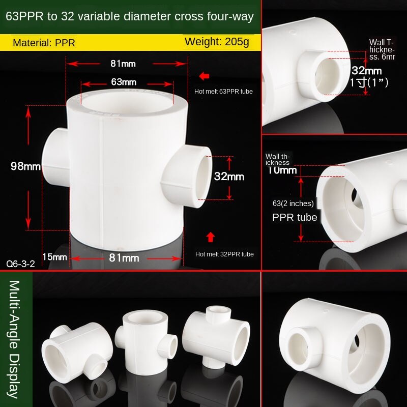 PPR Pipe Variable Diameter Four-way Joint 20/25/32/40/50/63/75 Turn 1/2 Inch 3/4 Inch 1 Inch PPR Water Pipe Fittings: 63-32 Reducer