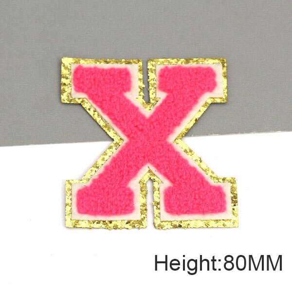 Parche con letras bordadas de rosas grandes de 80MM para ropa, parches de chenilla con lentejuelas doradas, apliques para planchar, camiseta con nombre DIY, pantalones vaqueros: Azul oscuro