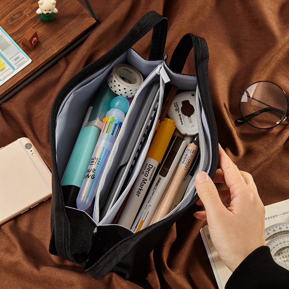 Large Capacity Pencil Case Double Handle Canvas Pencil Bag Storage Box School Stationery Organizer Pencil Storage Pouch Bag