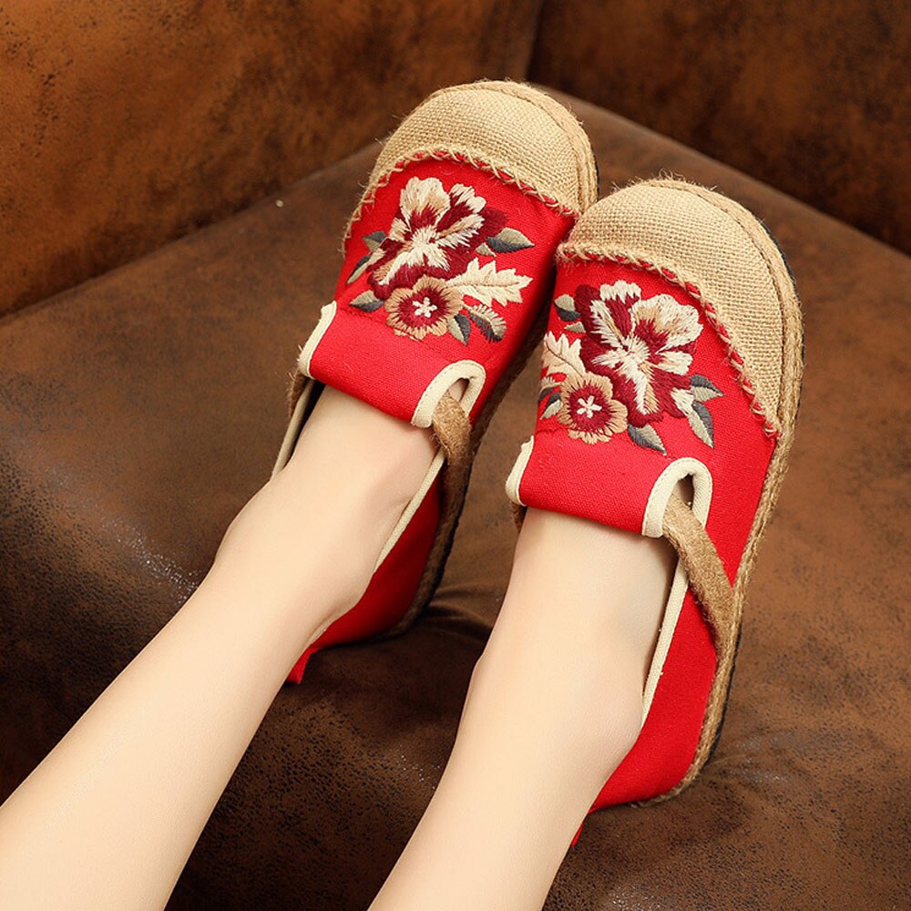Vegan Handmade Women Linen Cotton Loafers Espadrilles Flower Embroidered Ladies Casual Flat Platform Sneakers Shoes