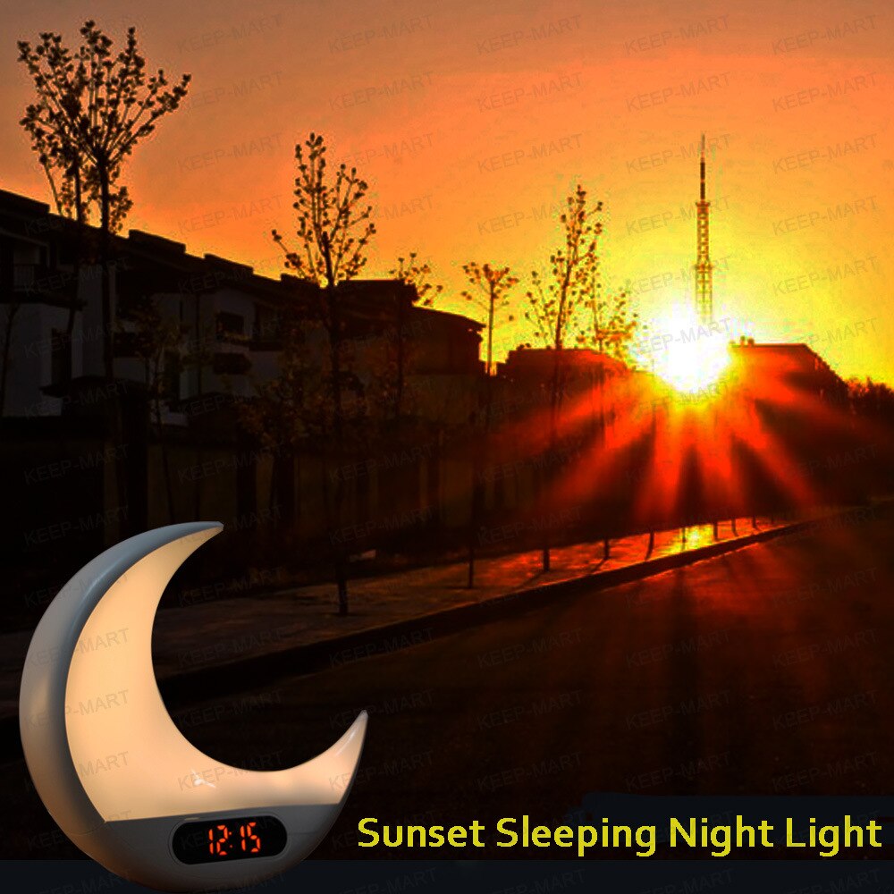 Moon Digital Alarm Clock Wake Up Light LED Lamp Electronic Desk Clock Simulating Sunrise/Sunset Colorful Light with FM Radio