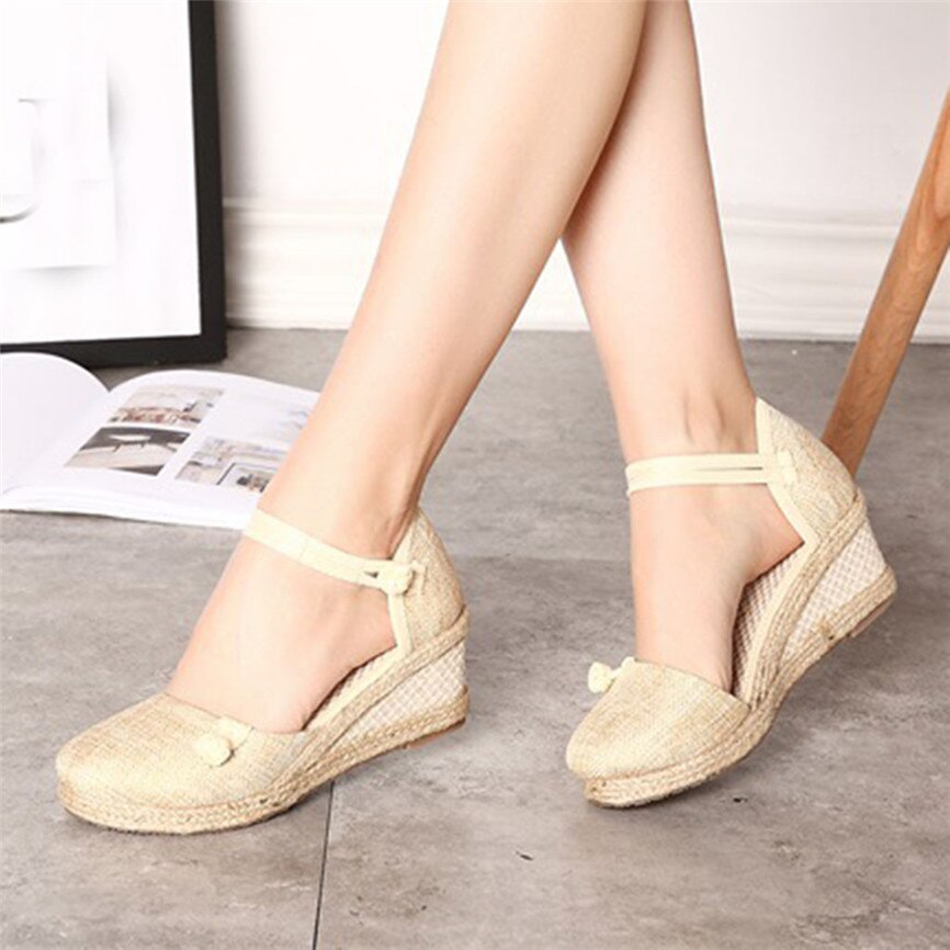 Straw Hemp Rope Sandals Women Ladies Retro Linen Canvas Wedge Round Toe Casual Sandals Singles Shoes Closed Toe Sandal