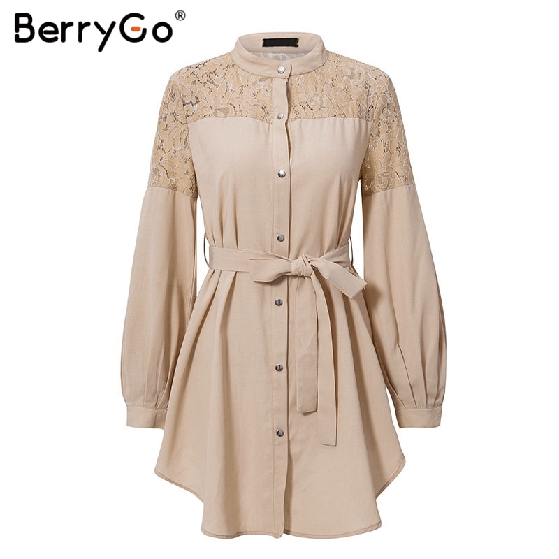 Berrygo Lace Vrouwen Shirt Jurken Pure Mesh Borduren Lange Mouw Knop Kantoor Dames Jurken Solid Sjerpen Zomer Mini Jurk