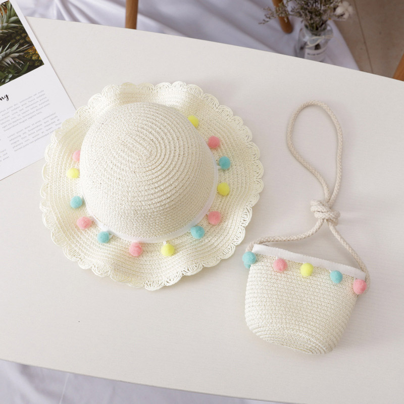 Sombrero tejido de paja bolso bandolera para niña de verano dibujo bonito fresa playa viaje protector solar onda de encaje gorra de sol U5: U6 White
