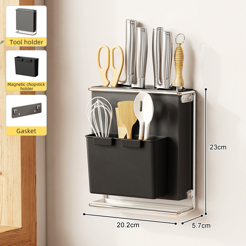 Soporte para cubiertos para encimera de cocina, montado en la pared, sin taladro, cuchillo, organizador de palillos, estante de almacenamiento de drenaje para utensilios de cocina: Multicolor