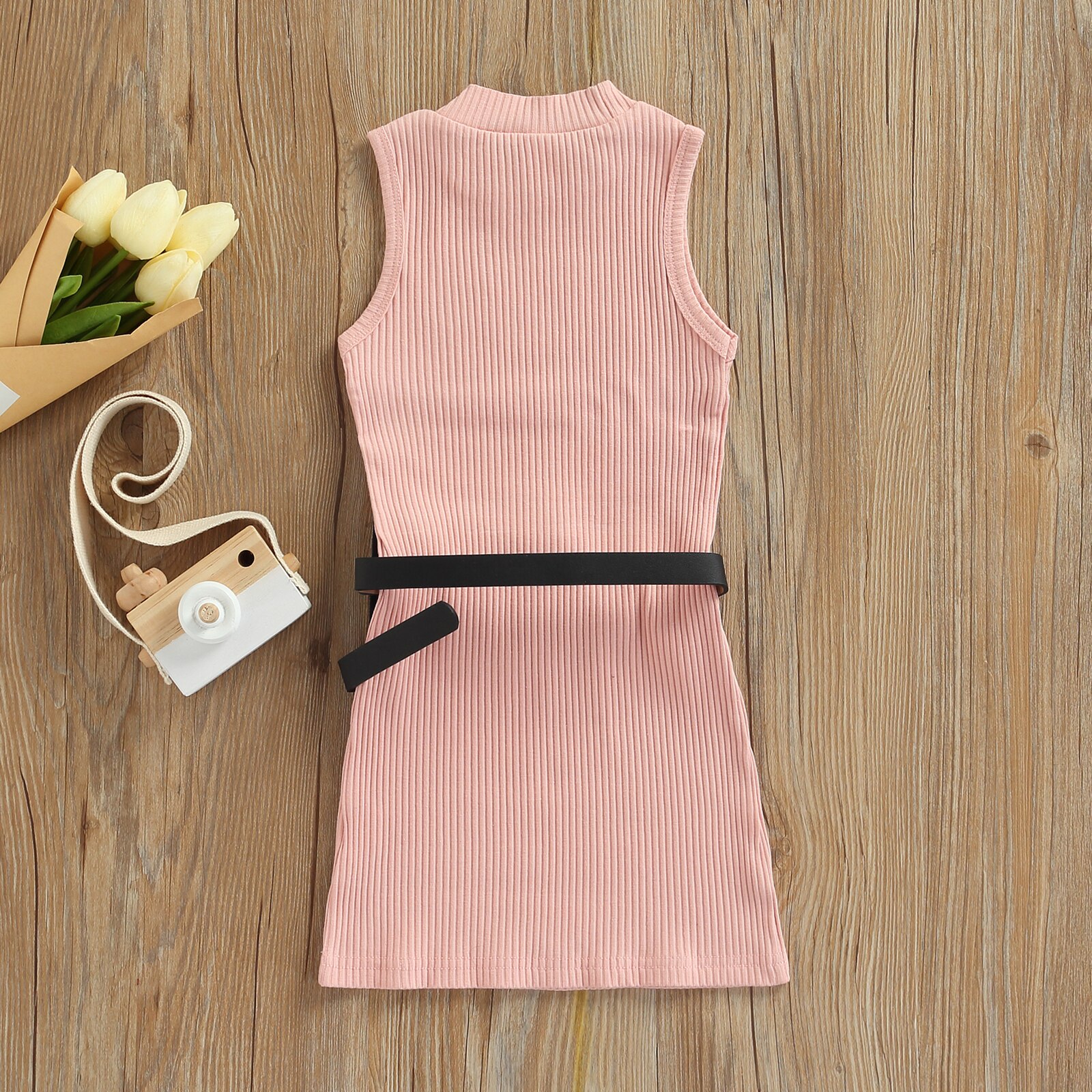 Vestido de verano para niñas de 1 a 6 años con cuello redondo, sin mangas, Color sólido, con cinturón y bolsa