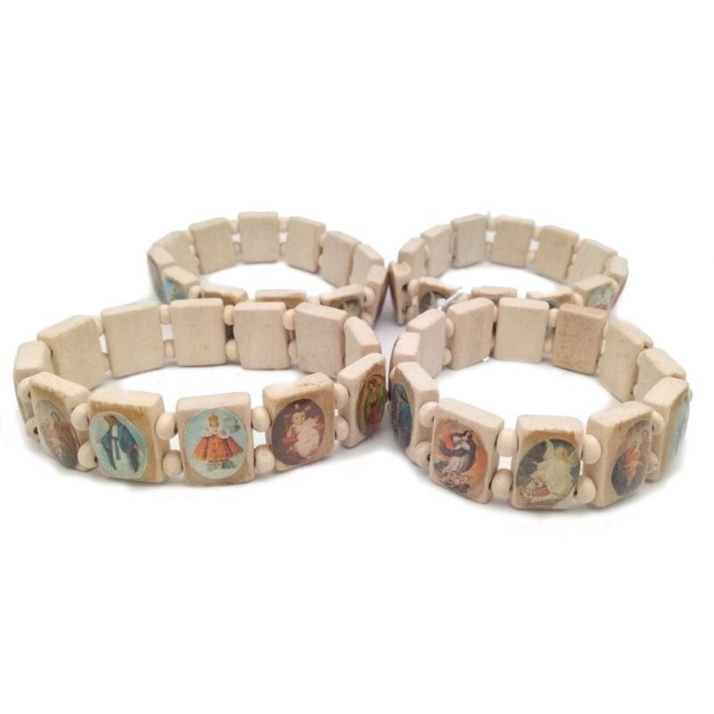 4Pc Katholieke Sieraden Christian Levert Houten Icoon Elastische Bead Armband