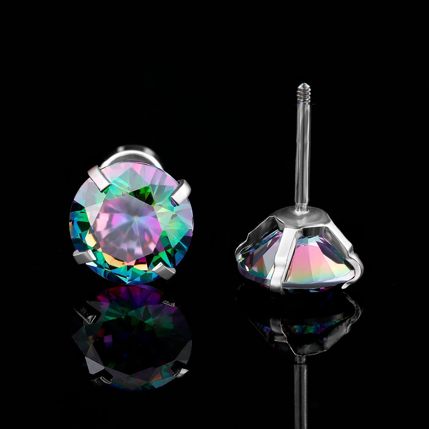 6mm CZ Screw Flat Back Earrings for Women Girls Hypoallergenic for Sensitive Ears Rainbow Cubic Zirconia Stud Earring