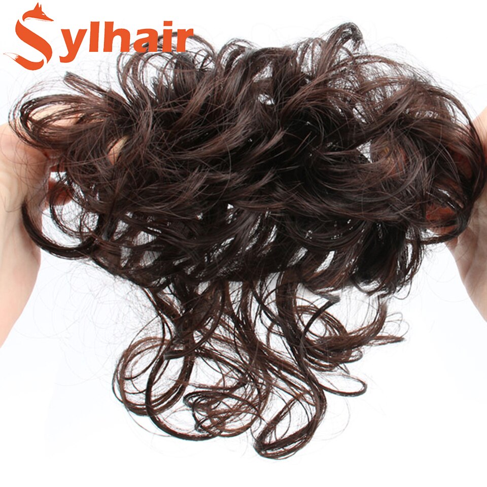 Sylhai-moño de pelo rizado sintético para mujer, moño marrón desordenado con cuerda elástica para el cabello, banda de goma, extensiones de cabello