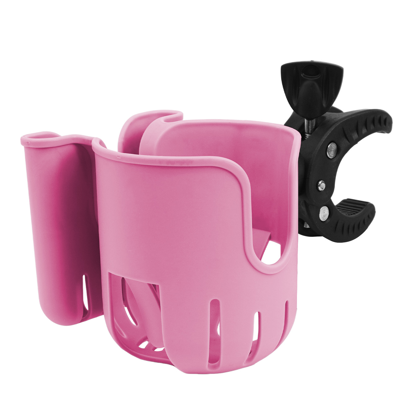 Universele 2-in-1 kinderwagen bekerhouder, 360 graden draaibare klem voor babyfles & mobiele telefoonhouder, kinderwagen accessoire: Roze
