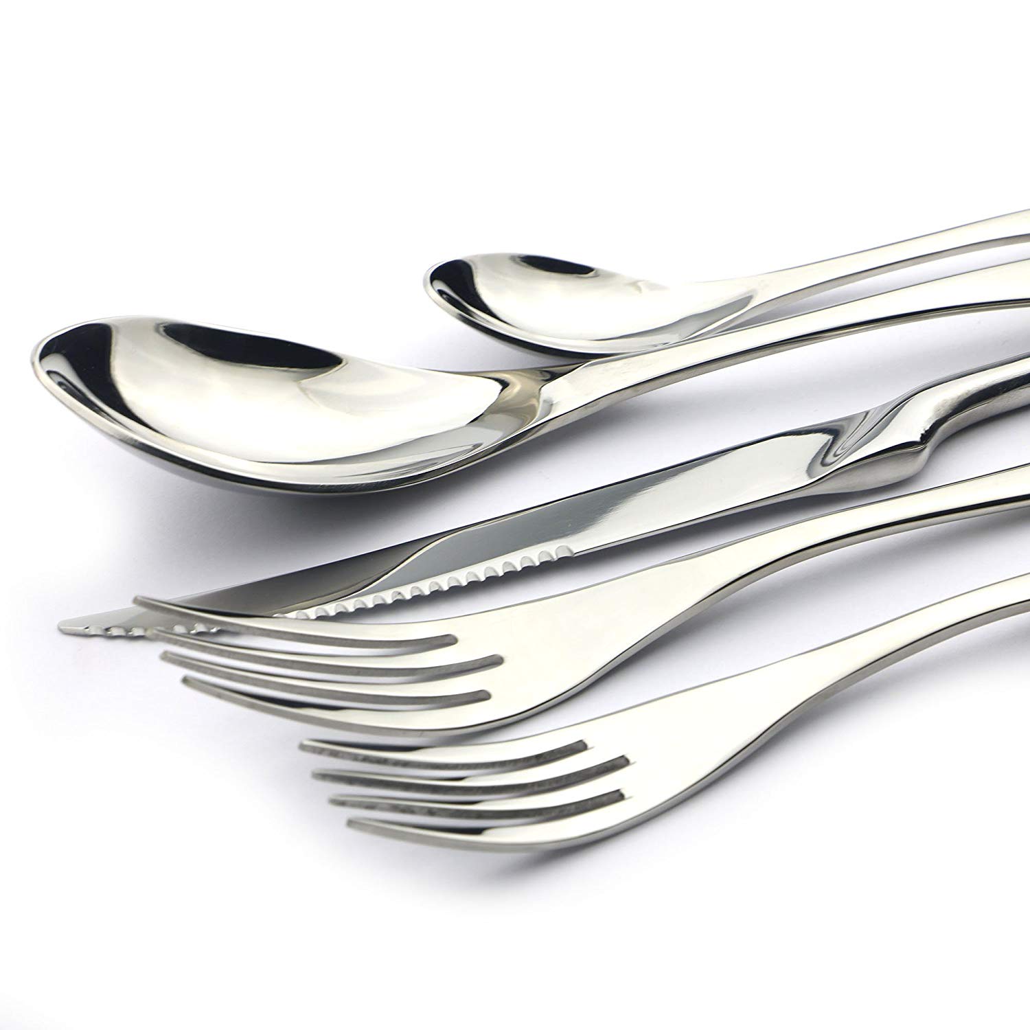JANKNG 5-Pcs Silver Flatware Set 18/10 Stainless Steel Gold Dinnerware Serrated Knife Fork Spoon Cutlery Food Tableware