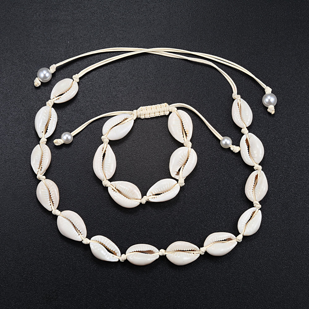 2 pcs/set Seashell Necklace Natural Shells Ankle Bracelet Jewelry Bohemian Seashell Choker knitting Necklace best friend