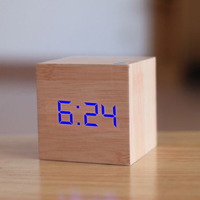 1PC Modern Wooden Cube USB Voice Digital Alarm Clock Digital Alarm LED Display Despertador Luminous Control Clock: 11