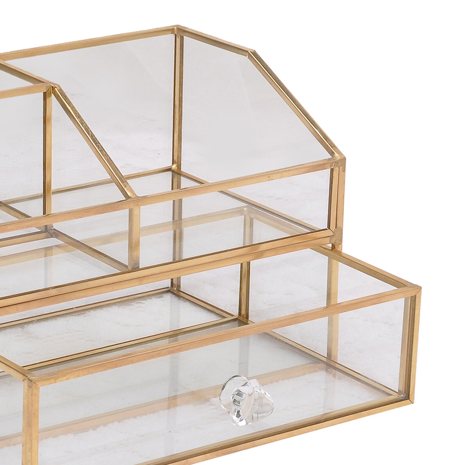 Luxury Glass Box Clear Glass Gold Tone Metal Jewelry Storage Case Cosmetic
