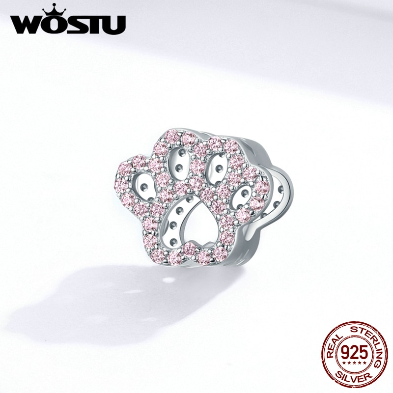 WOSTU 100% cuentas de huellas de perro pata de Plata de Ley 925, Pulsera Original, amuletos de zirconio rosa, joyería DIY CTC164