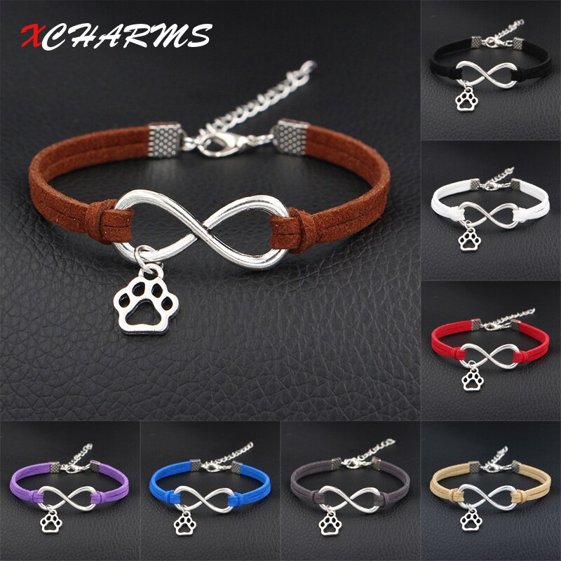 Cute Mini Dog Paw Prints Charms Bracelet Antique Silver Color Love Infinity Leather Bracelets For Women Jewelry