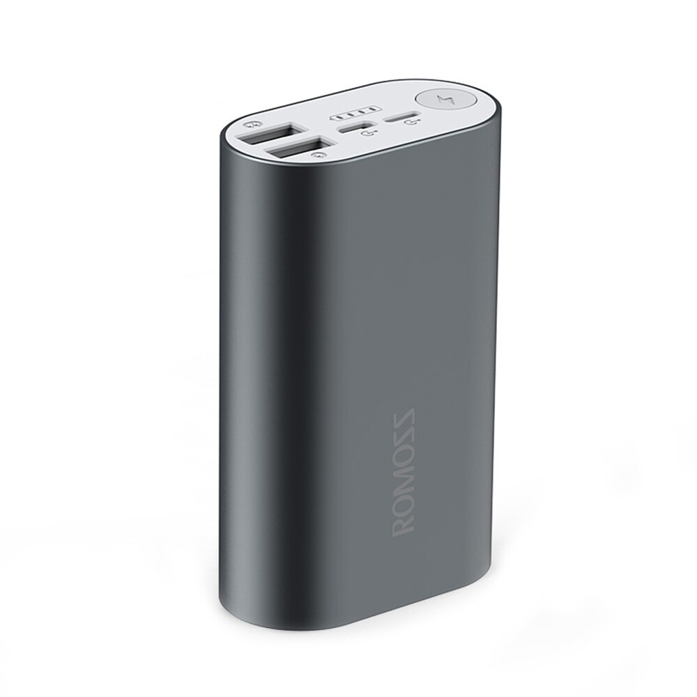 ROMOSS ACE10 10000mAh mini banco de energía de aleación de aluminio, paquete de batería externa con 2 puertos de entrada y salida USB Dual de 5V/2.1A: Gray