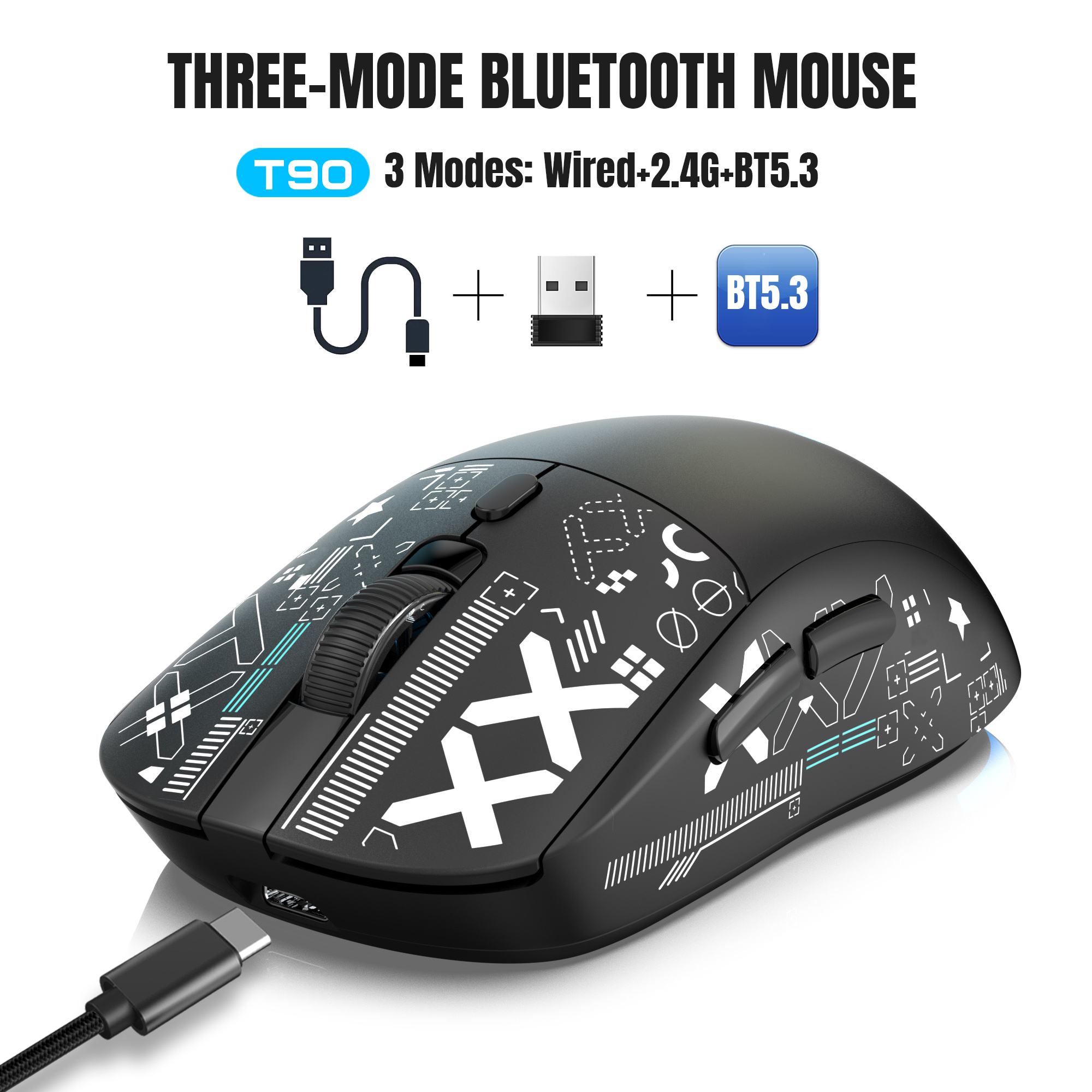 Popularna bezprzewodowa mysz do gier HXSJ T90 2.4G z 3 trybami i ciche przyciskami, ergonomiczna, kolorowa, podświetlana RGB, 650 mAh: Black