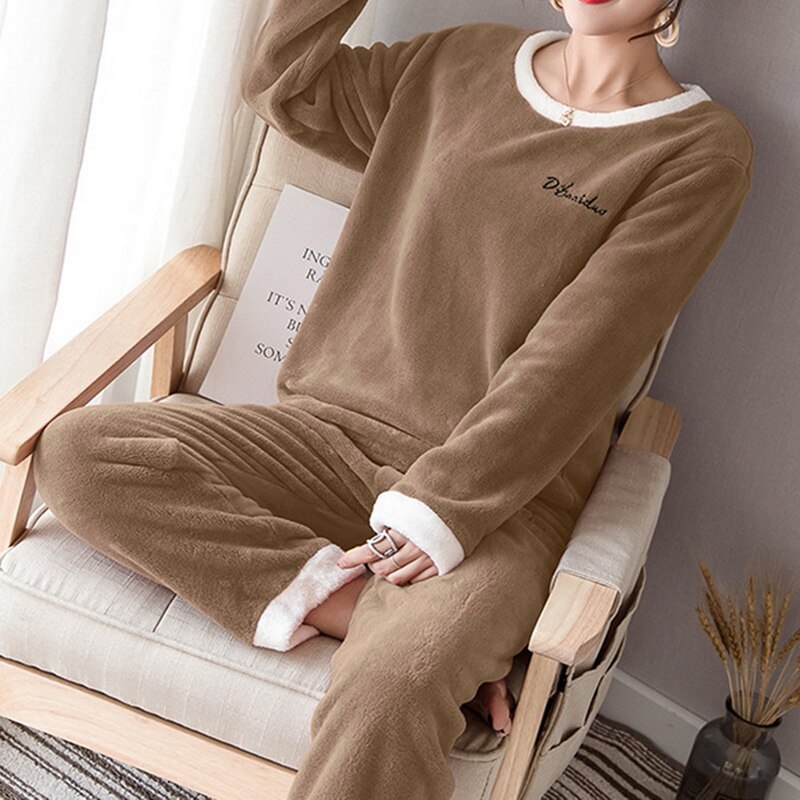 Women Cute Coral Homewear Set Long Sleeve Shirt &Pant Sleep Set Winter Flannel Sleepwear Girl 2PCS Pijamas Suit Nightgown