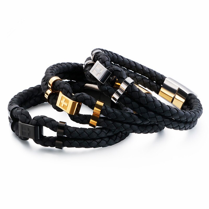 Pulseras de dijes cruzados de acero inoxidable de 210mm para hombre, joyas de cuero negras/rojas de doble capa