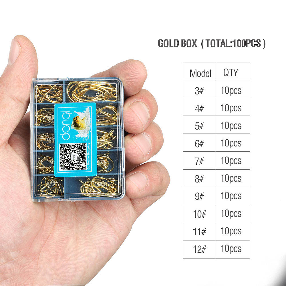 DONAL 100 Uds anzuelos de Pesca 3 #-12 # de acero de alto carbono con púas de una sola carpa anzuelo de pesca de tamaño mixto anzuelos de pesca con mosca accesorios para el mar: Gold