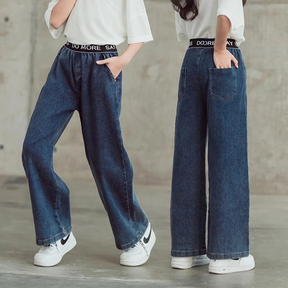 Teenage Girls Jeans Spring Autumn Casual Loose Blue Kids Leg Wide Pants School Children Trousers 6 8 10 12 Year